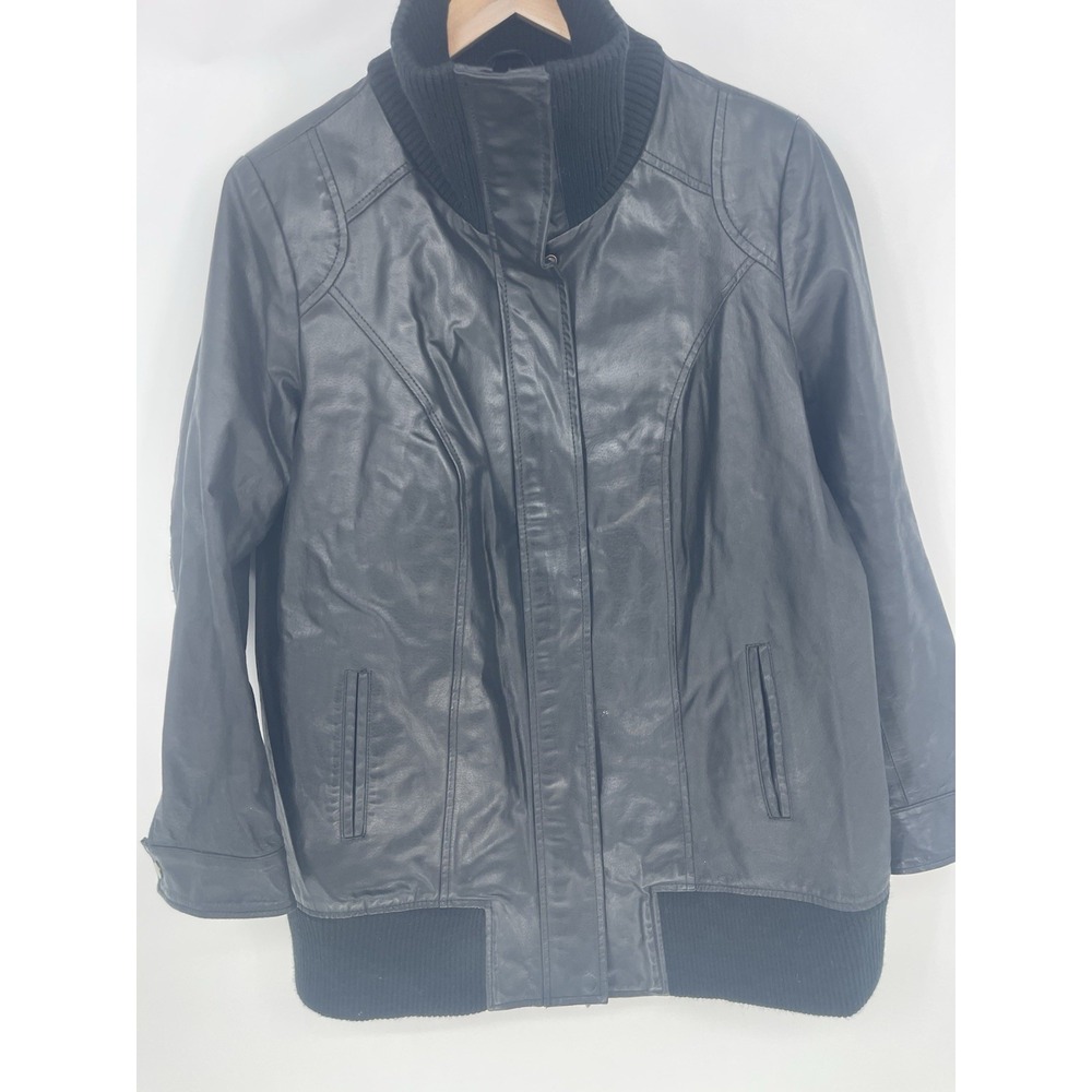 Roaman's Black Leather Bomber Jacket Full Zip Pocket Lined Size 14W